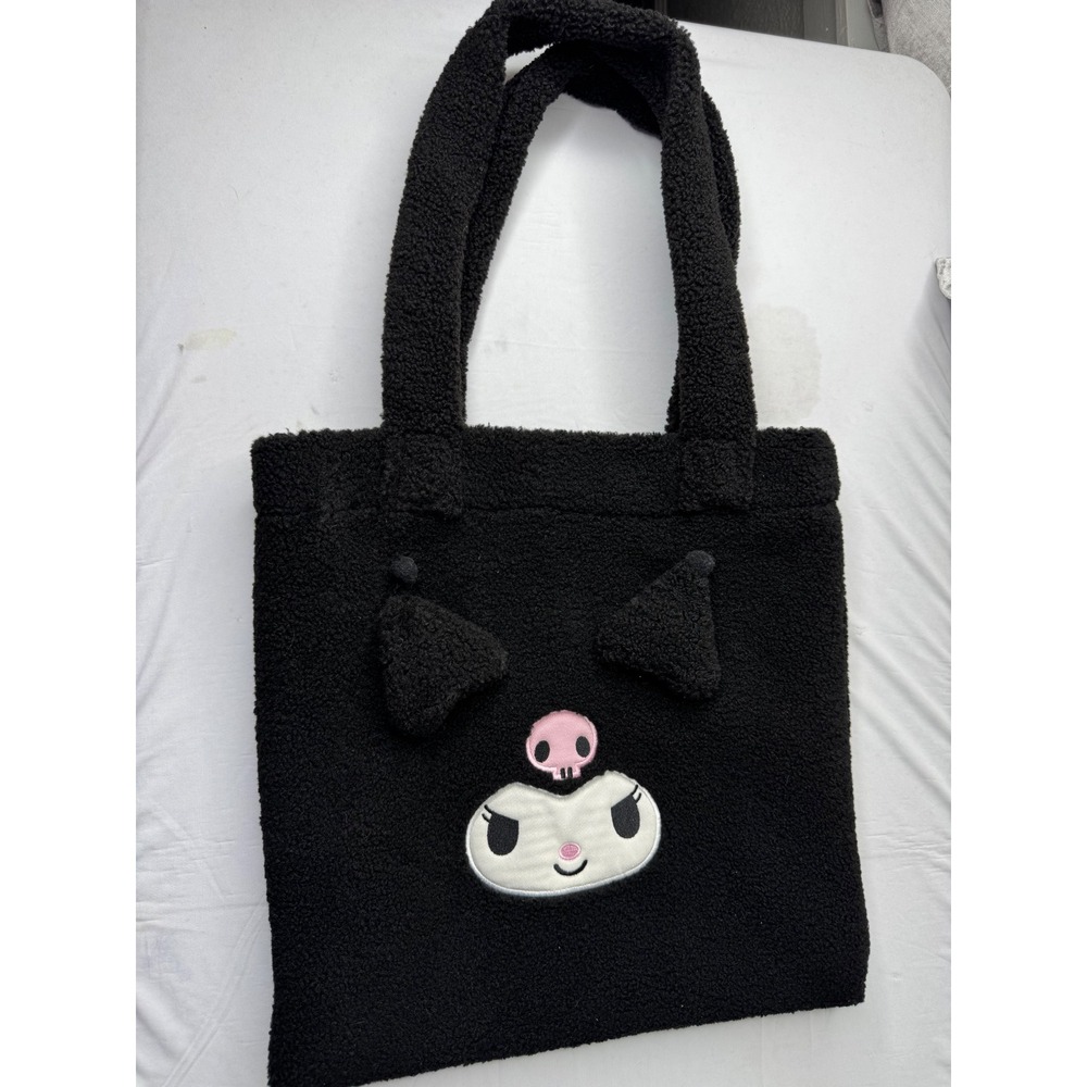 Sanrio Kuromi Black Sherpa Fleece Tote Bag 3D Ears Pom Poms Plush Character Bag